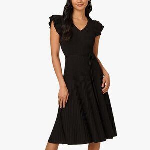 Adrianna Papell Ribbed Knit Flutter Sleeve Black Midi Dress Belted NWT